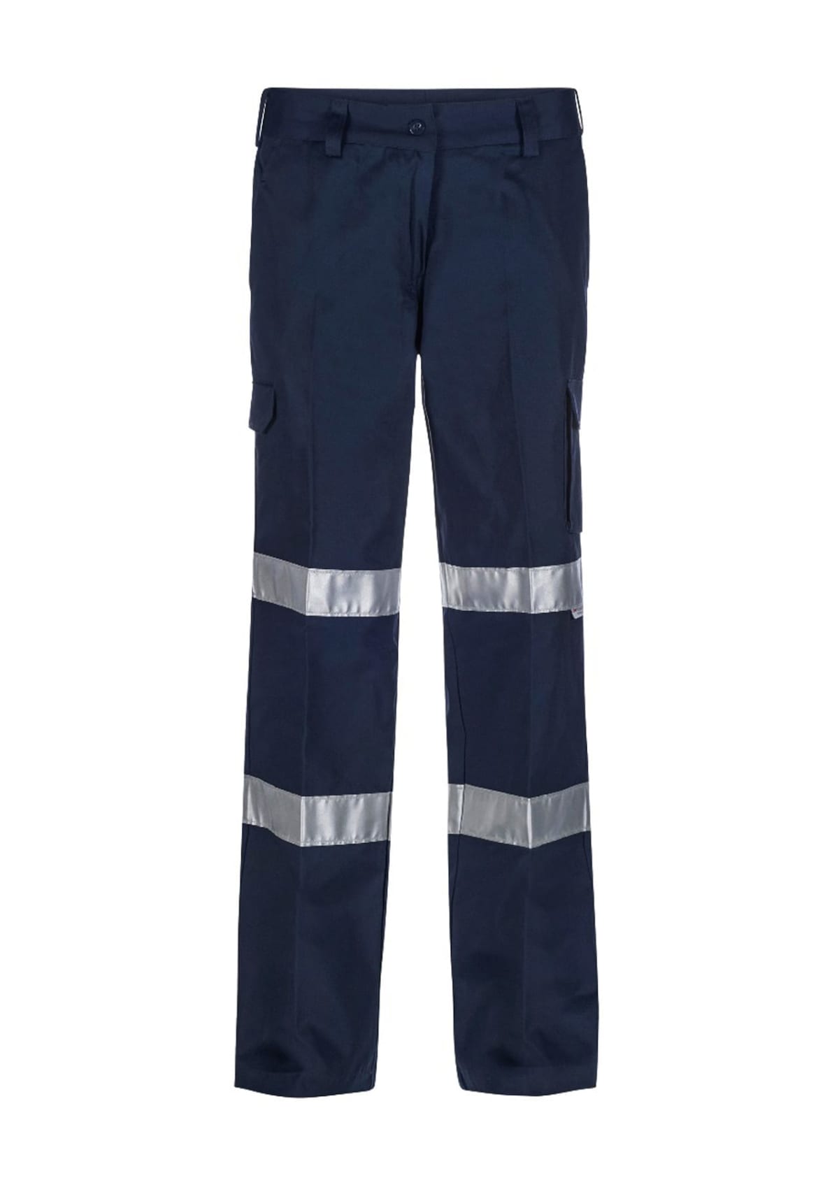 Dark blue safety pants featuring reflective silver strips around the knees. The pants have a straight fit and multiple pockets, suitable for work or industrial environments.