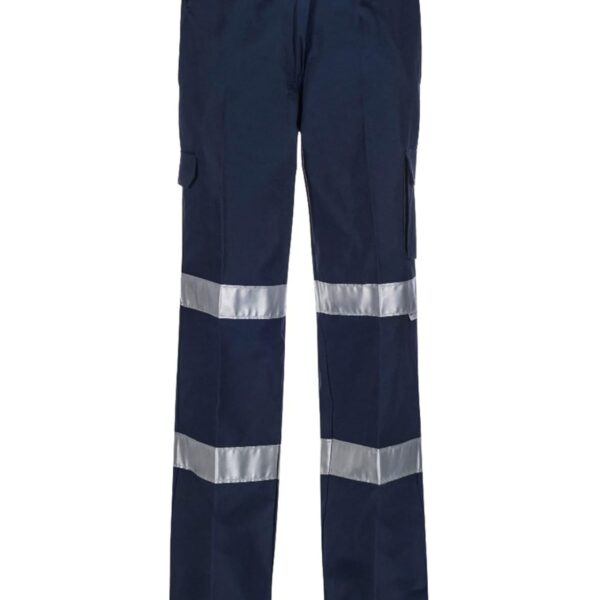 Dark blue work pants with two reflective silver horizontal stripes on each leg. The pants feature belt loops and side pockets, designed for safety and visibility.
