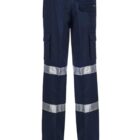 Navy blue work pants with reflective silver bands around each leg and multiple cargo-style pockets, viewed from the back.