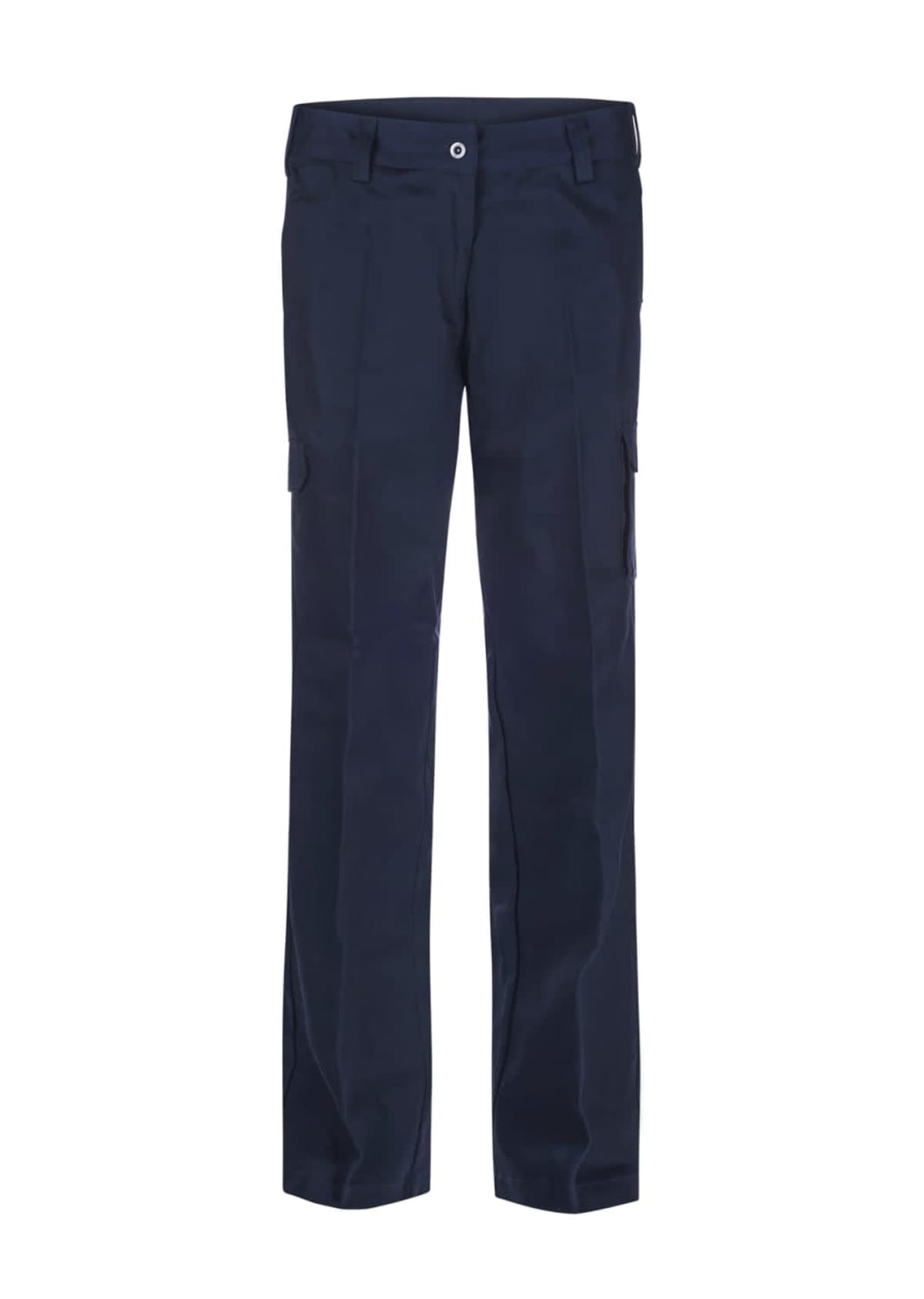 Dark blue cargo pants with a straight-leg design. Features include button closure, belt loops, two side pockets, and two flap pockets on each leg. The pants are displayed on a white background.