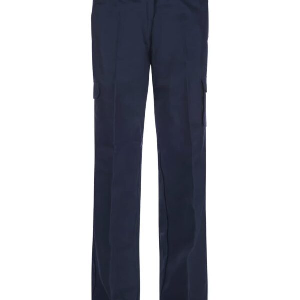 Navy blue cargo pants with a straight-leg design. They have side flap pockets and belt loops, and are displayed against a plain white background.