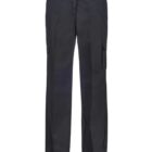Black cargo pants with a straight fit, featuring a button and zipper closure at the waist. The design includes side pockets and additional cargo pockets on the legs. The pants have belt loops and a minimalistic, sleek appearance.