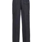 Back view of dark-colored, straight-leg cargo pants with belt loops, side and back pockets, including flap pockets on the outer thighs. The pants have a minimal design suitable for casual or work settings.