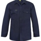 Dark blue button-up shirt with two chest pockets against a white background.