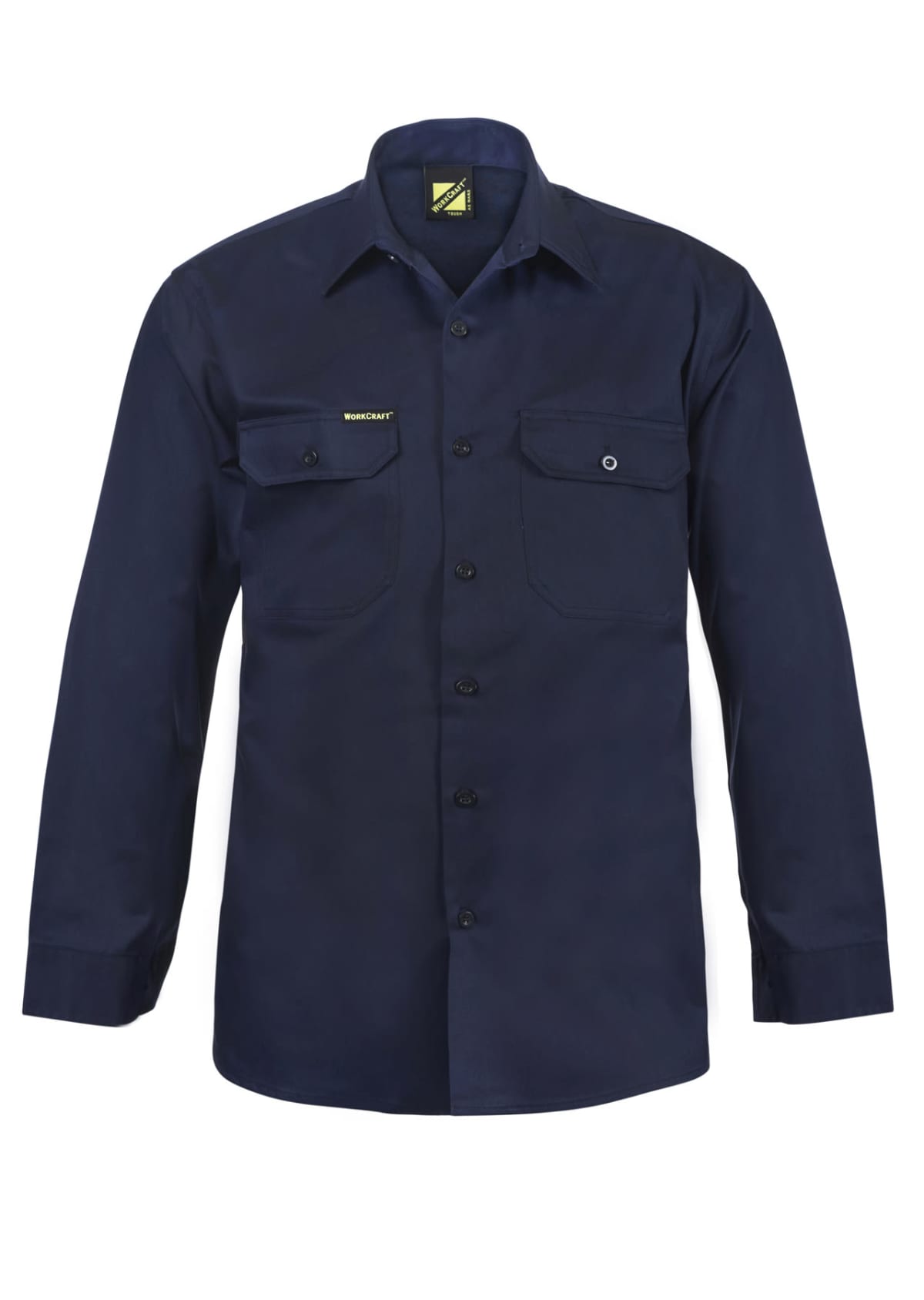 Dark blue button-up shirt with two chest pockets against a white background.