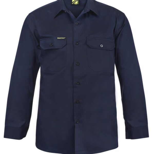 Dark blue button-up shirt with long sleeves and two chest pockets.