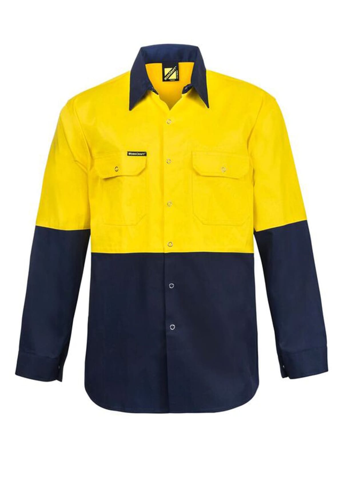 Yellow and navy blue long-sleeve button-up shirt with pockets.