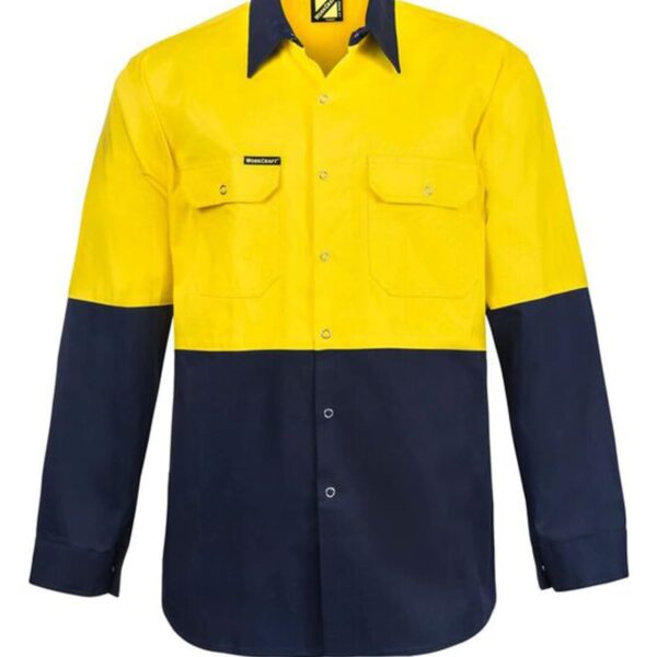 Yellow and navy work shirt with long sleeves and buttoned pockets.