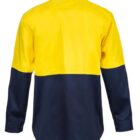 Back view of a two-toned shirt with yellow top and dark blue bottom, long sleeves.