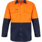 Orange and navy work shirt with long sleeves and chest pockets.