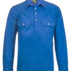 Blue long-sleeve shirt with a collar and a three-button placket. It features two buttoned chest pockets. The shirt is displayed against a white background.