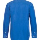 Rear view of a cobalt blue long-sleeve button-up shirt. The shirt has buttoned cuffs, a straight hem, and a classic collar. The fabric appears smooth and slightly glossy, offering a sleek and polished look.