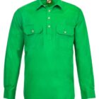 A bright green long-sleeved button-up shirt with two chest pockets, each secured by a button. The shirt is displayed against a plain white background.