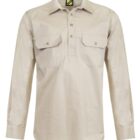 A beige, long-sleeve shirt with a collar and button-up design. It features two chest pockets with button flaps and a partial button placket. The fabric appears smooth and slightly shiny.