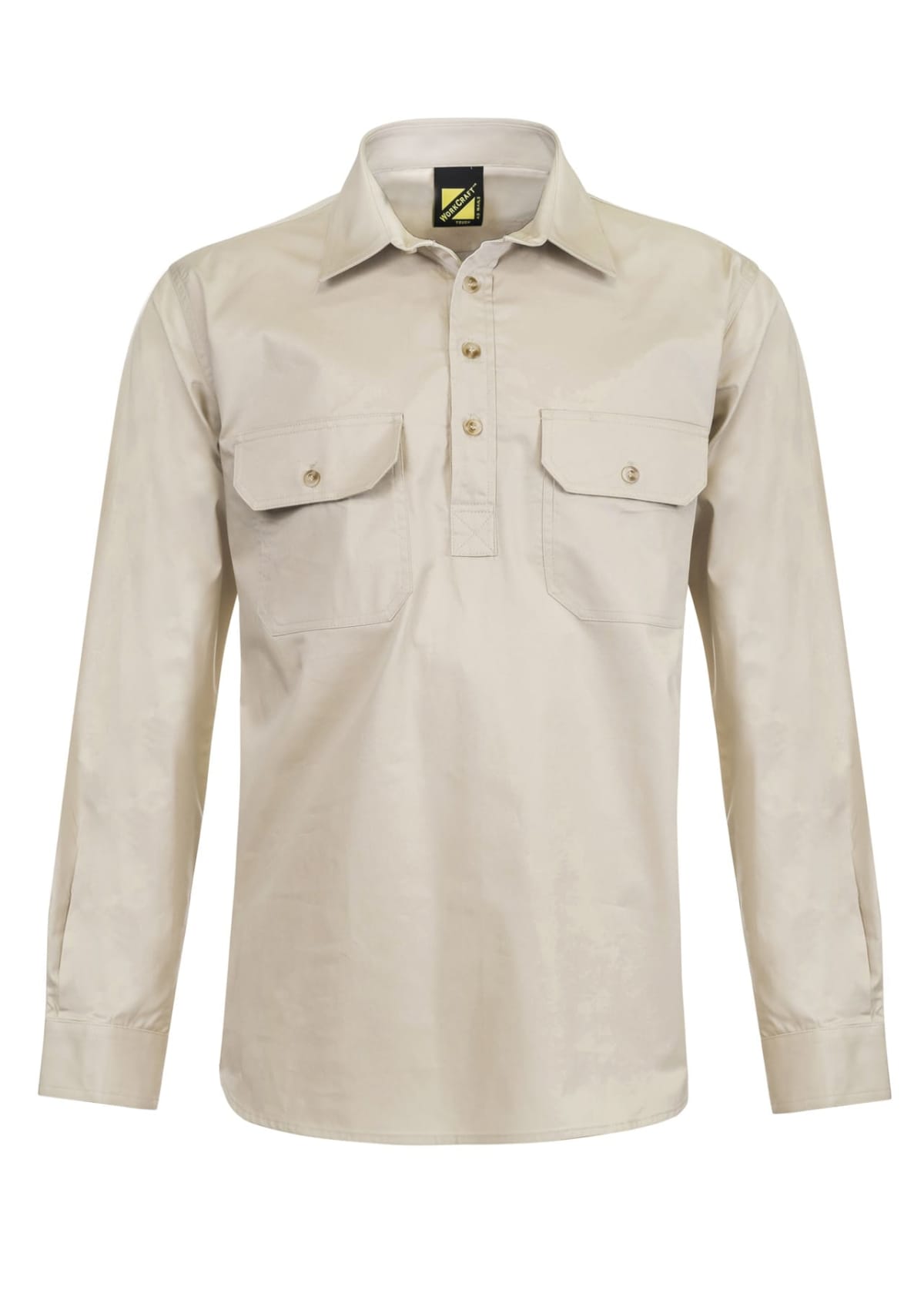 A beige, long-sleeve shirt with a collar and button-up design. It features two chest pockets with button flaps and a partial button placket. The fabric appears smooth and slightly shiny.