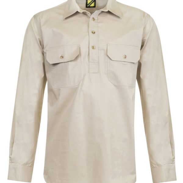 A beige long-sleeve shirt with a collar and three-button placket. It features two chest pockets with buttoned flaps. The shirt is displayed on a plain white background.