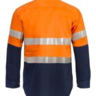 A high-visibility, long-sleeve work shirt with orange fabric on the upper part and navy blue on the lower part and sleeves. It features silver reflective bands around the waist and arms. The shirt is displayed from the back.