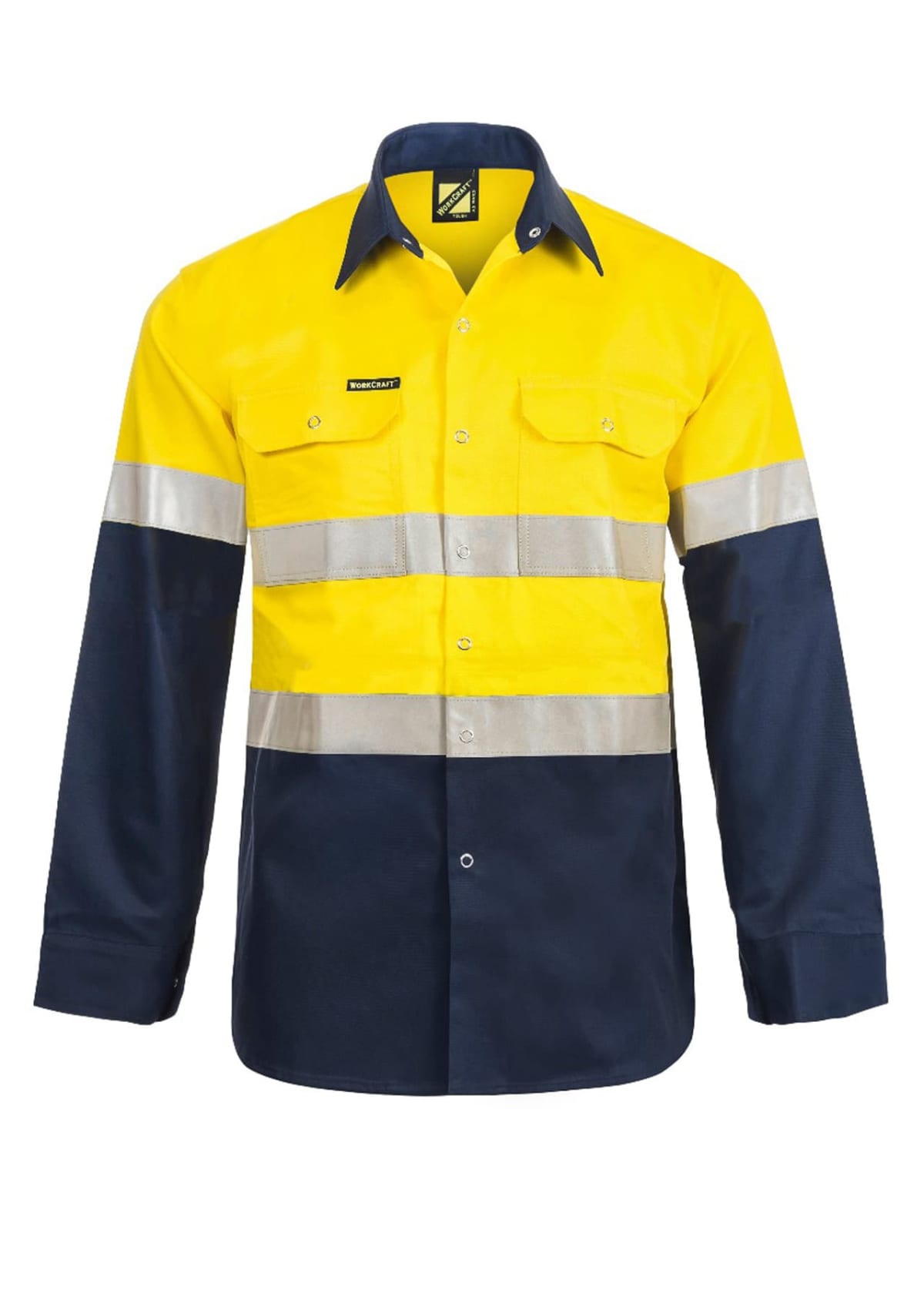 A long-sleeve safety shirt with a yellow top half and navy bottom half, featuring reflective silver bands around the chest and sleeves. The shirt has two breast pockets and buttons down the front.