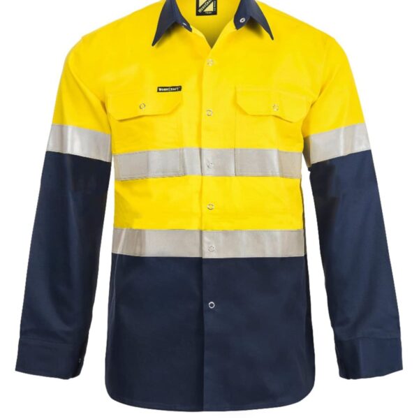 A long-sleeve hi-vis work shirt with a bright yellow top and dark blue bottom. It has reflective silver stripes around the chest and arms, buttoned front and cuffs, and two chest pockets.