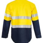 Yellow and navy blue long-sleeve shirt with reflective silver stripes across the chest and arms. The shirt has a button-up design and is likely intended for high visibility in work environments. The image is focused on the back view.