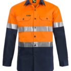 Orange and navy long-sleeve high-visibility work shirt with silver reflective bands around the torso and arms. The shirt features a button-up front and two chest pockets with buttoned flaps.