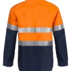 Orange and navy blue high-visibility work shirt with reflective silver strips around the chest and arms. The shirt features long sleeves and a folded collar, designed for increased visibility and safety in various work environments.