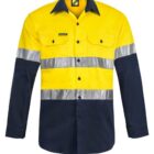 A long-sleeve high-visibility work shirt with a yellow upper section and navy blue lower. It features two reflective silver bands across the chest and arms, and has buttoned chest pockets.