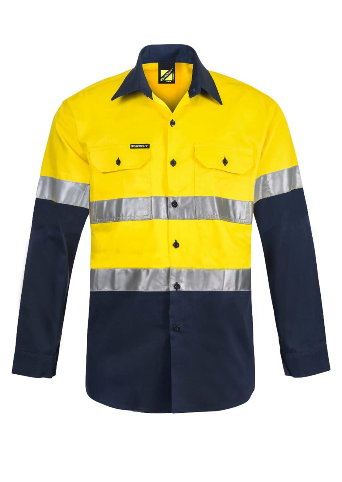 A long-sleeve high-visibility work shirt with a yellow upper section and navy blue lower. It features two reflective silver bands across the chest and arms, and has buttoned chest pockets.