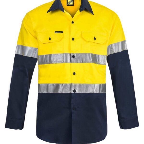 Yellow and navy blue high-visibility work shirt with reflective silver stripes across the chest and arms. It has long sleeves, a collar, and two buttoned chest pockets.