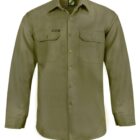 Olive green button-up shirt with two chest pockets, long sleeves, and a collar.
