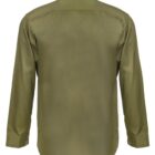 Olive green long-sleeve shirt, back view, with a folded collar.