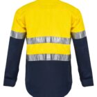 A long-sleeved, high-visibility work shirt with a yellow upper section and dark lower section, featuring two reflective horizontal stripes across the back.