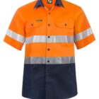 Bright orange and navy blue high-visibility safety shirt with short sleeves. It features reflective silver stripes around the chest and arms, and has two buttoned chest pockets.