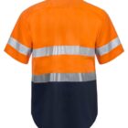 A high-visibility work shirt with short sleeves is displayed. The top is bright orange with two horizontal reflective silver stripes around the torso and a dark blue lower section.