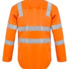 Bright orange high-visibility safety shirt viewed from the back, featuring silver reflective stripes across the shoulders, back, and arms, designed for enhanced visibility.