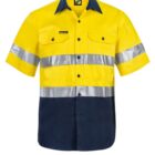 Yellow and navy short-sleeve high-visibility work shirt with silver reflective stripes across the chest and sleeves. It features button closures and two chest pockets with button flaps.