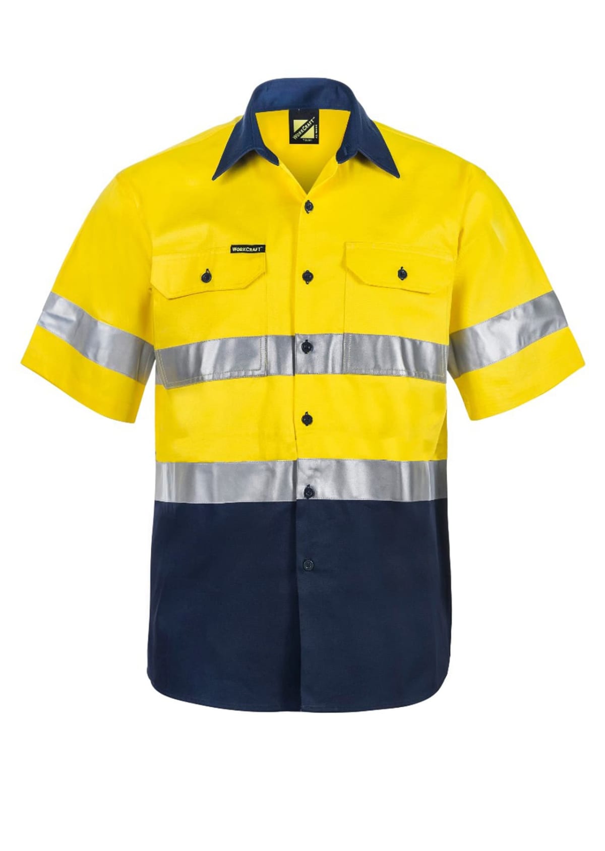 Yellow and navy short-sleeve high-visibility work shirt with silver reflective stripes across the chest and sleeves. It features button closures and two chest pockets with button flaps.