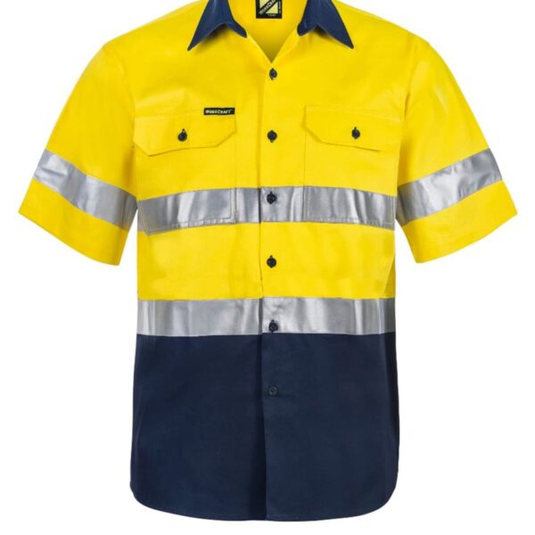 Short-sleeved high-visibility work shirt with a bright yellow top half and dark blue bottom half. It features silver reflective strips across the chest and sleeves, and two buttoned chest pockets.