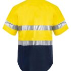 A short-sleeve high-visibility work shirt with a yellow top and navy bottom. It features two silver reflective horizontal stripes across the chest and sleeves. The back of the shirt is shown.