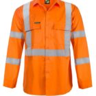 Bright orange long-sleeve safety shirt featuring two horizontal reflective stripes around the torso and sleeves. The shirt has two chest pockets with flaps and a button-down front.