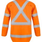 Rear view of an orange high-visibility safety shirt with reflective silver stripes forming an X on the back and horizontal bands around the sleeves and waist. The shirt has long sleeves and a straight hem.