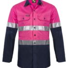 A high-visibility work shirt with long sleeves, featuring bright pink on the top half and navy blue on the bottom. It has two chest pockets and reflective silver bands across the chest and arms.