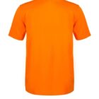 Back view of an orange polo shirt with a dark collar on a white background.