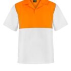 Short-sleeved polo shirt with a bright orange top half and white bottom half, featuring a collar and a black label inside.