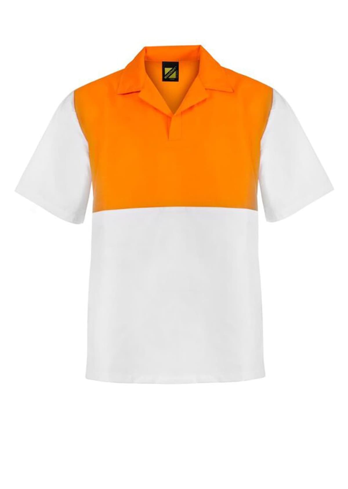 Short-sleeved polo shirt with a bright orange top half and white bottom half, featuring a collar and a black label inside.