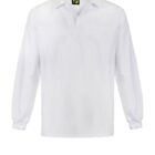 A white, long-sleeve cricket shirt with a soft collar and loose fit. The fabric appears lightweight and breathable, suitable for sports. The shirt has a tag inside the collar with a logo in black and yellow.