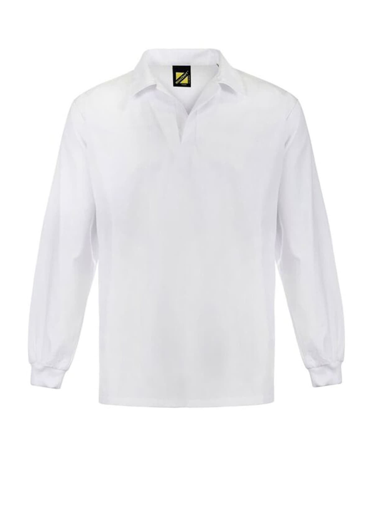 A white, long-sleeve cricket shirt with a soft collar and loose fit. The fabric appears lightweight and breathable, suitable for sports. The shirt has a tag inside the collar with a logo in black and yellow.