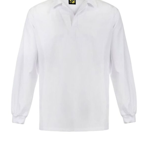 A white, long-sleeve shirt with a collar and a slightly open neckline, displayed against a plain background. There is a small, dark tag at the back of the collar.