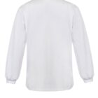 A plain white long-sleeve shirt is shown from the back. The shirt has a simple design with a collar and ribbed cuffs.