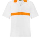 White short-sleeve polo shirt with an orange collar and a horizontal orange stripe across the chest. The shirts simple design features a black and yellow label at the back of the collar.